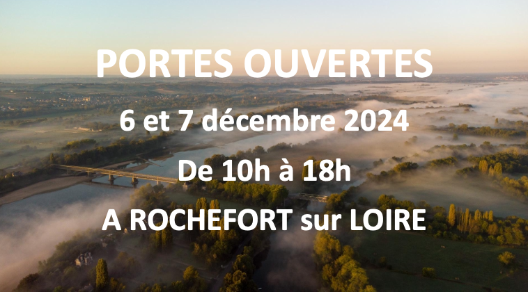 Vue aérienne de Rochefort-sur-Loire pour annoncer les Portes Ouvertes Hiver 2024 au Domaine Baumard.